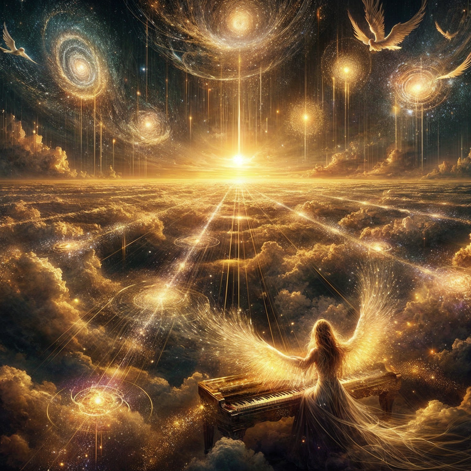 Celestial Scene with Angelic Figure and Grand Piano