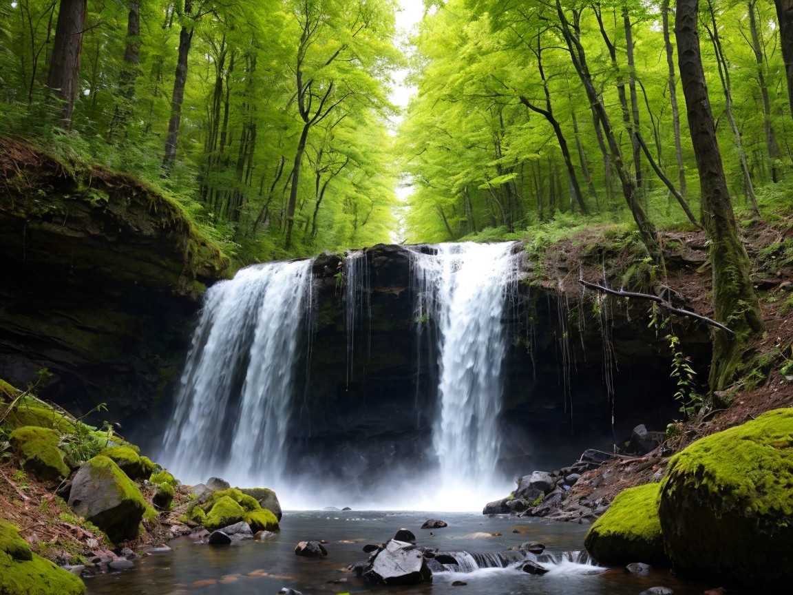 Serene Waterfall Surrounded by Lush Forest Landscape