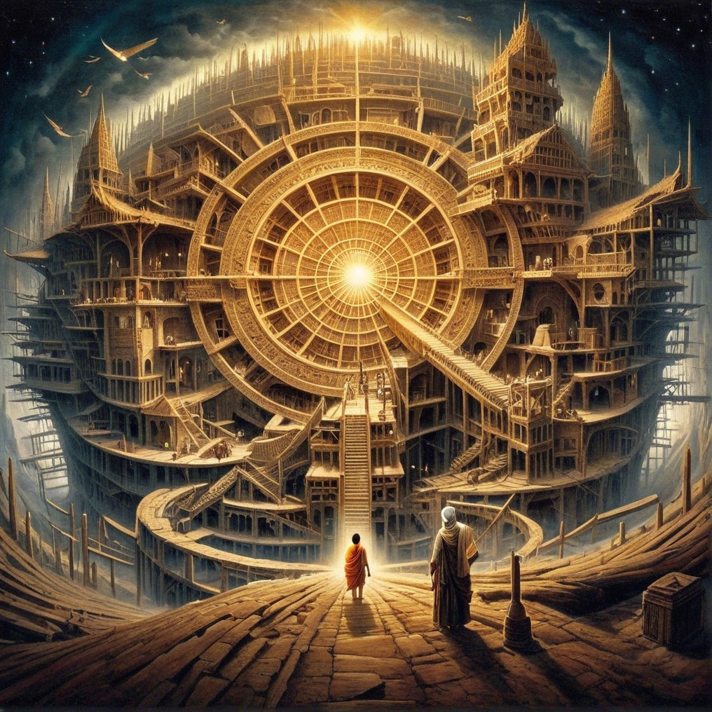 Intricate Spiral Architecture with Figures in Ethereal Light