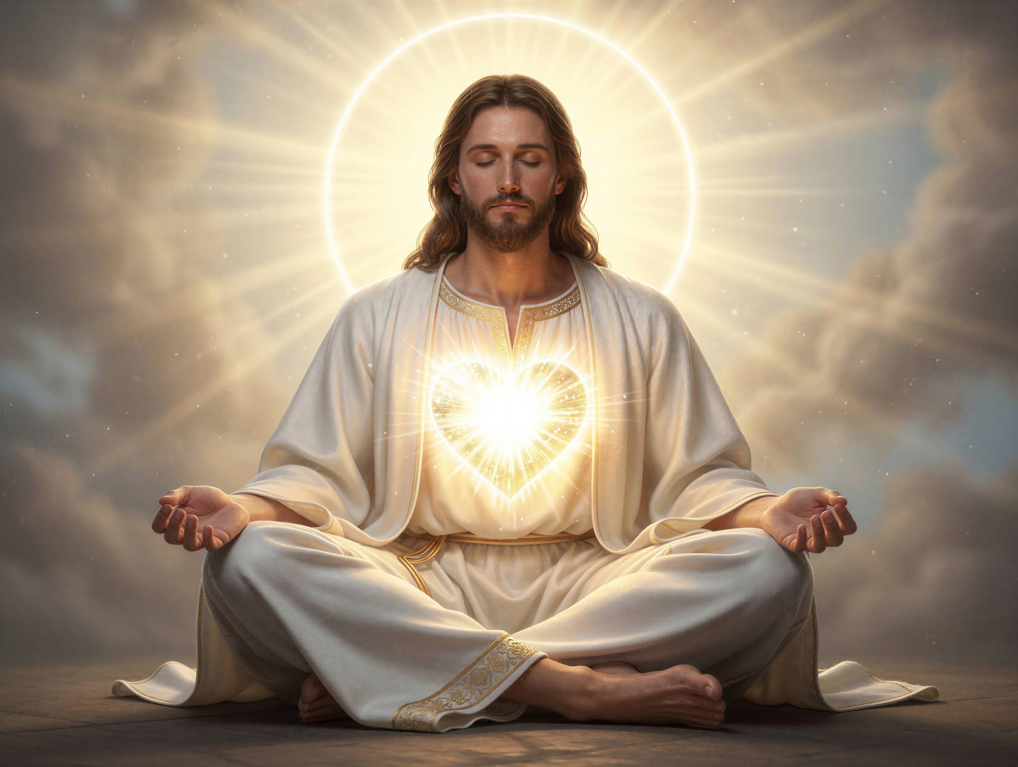 Jesus Meditating with Halo and Heart-Shaped Light