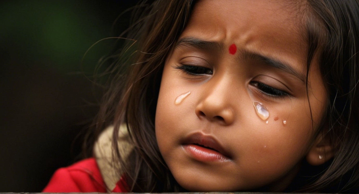Young girl in red jacket displays sadness and vulnerability