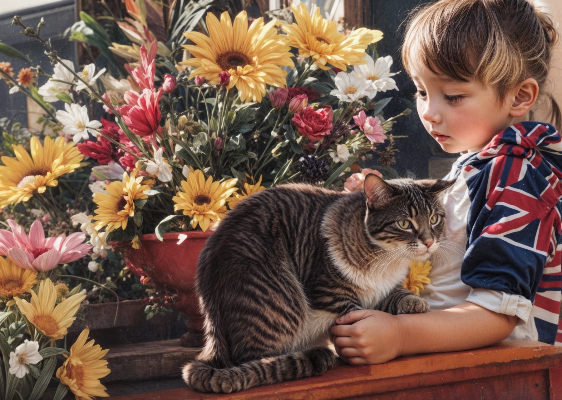 Child and Tabby Cat Amidst Colorful Flowers