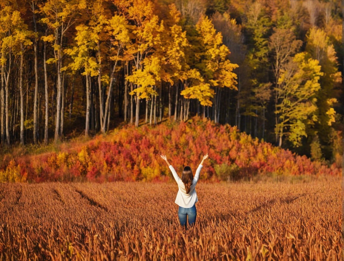 Young Woman Celebrating in Autumn Field Landscape