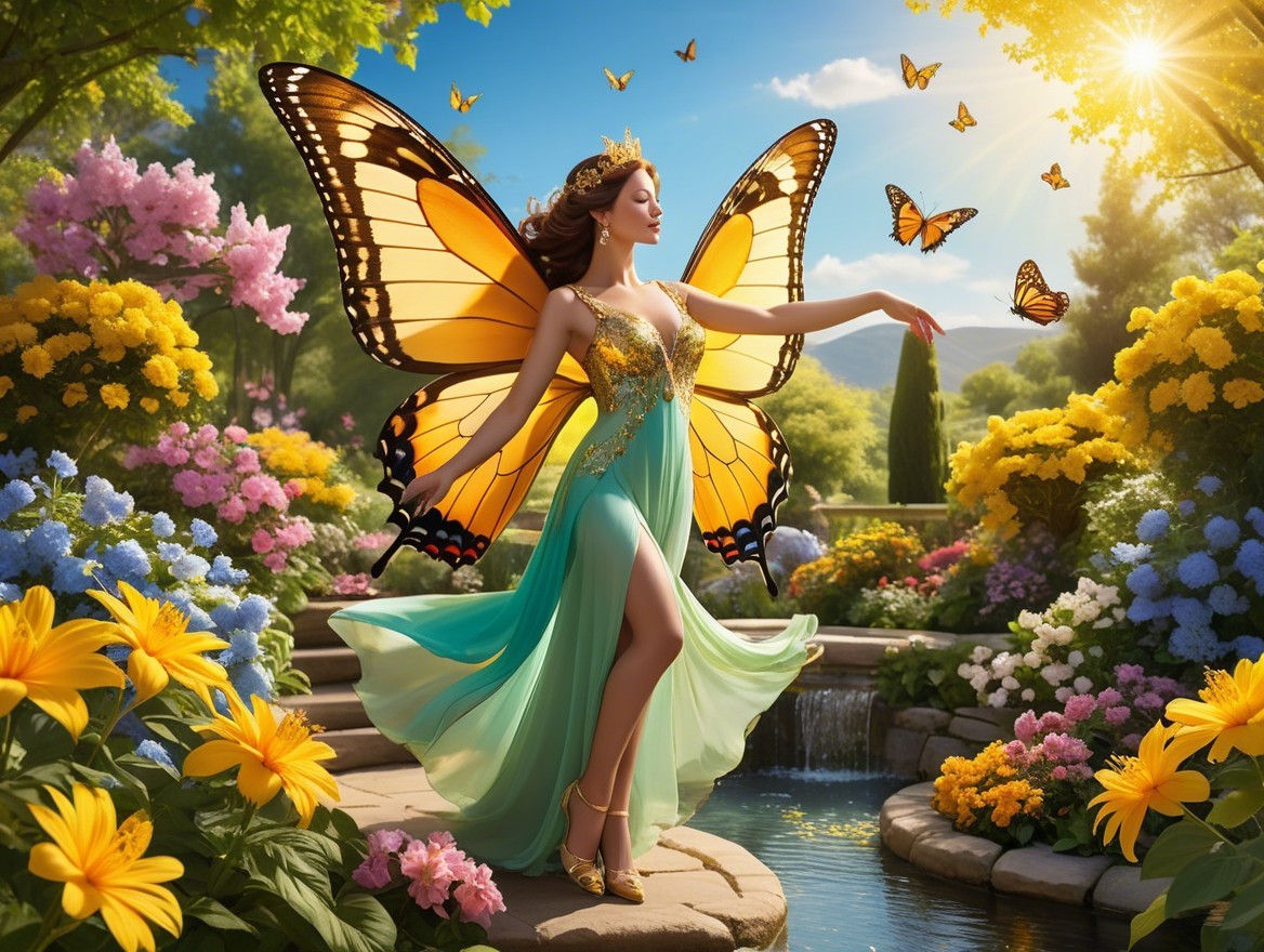Woman in a garden with butterfly wings and flowers