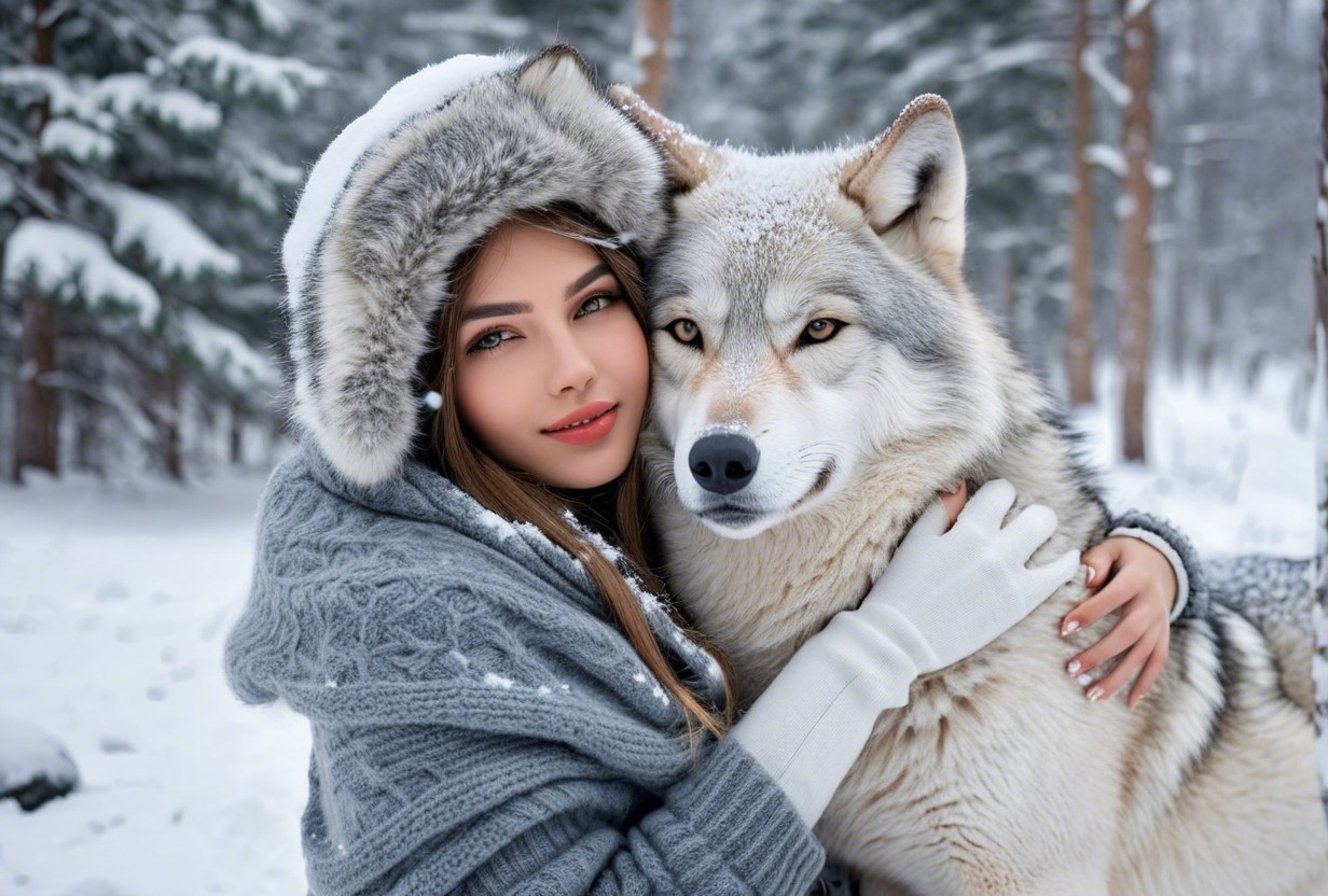 Winter Landscape with Woman and Wolf Embracing