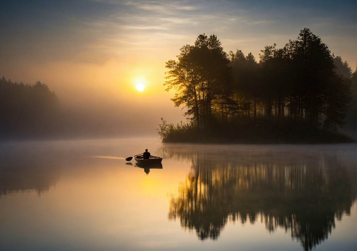 Dawn Reflection on a Misty Lake with a Rower