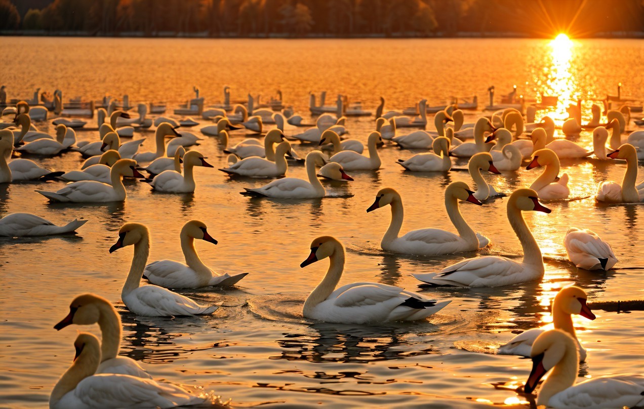 Swans Gliding on a Serene Sunset Lake Scene