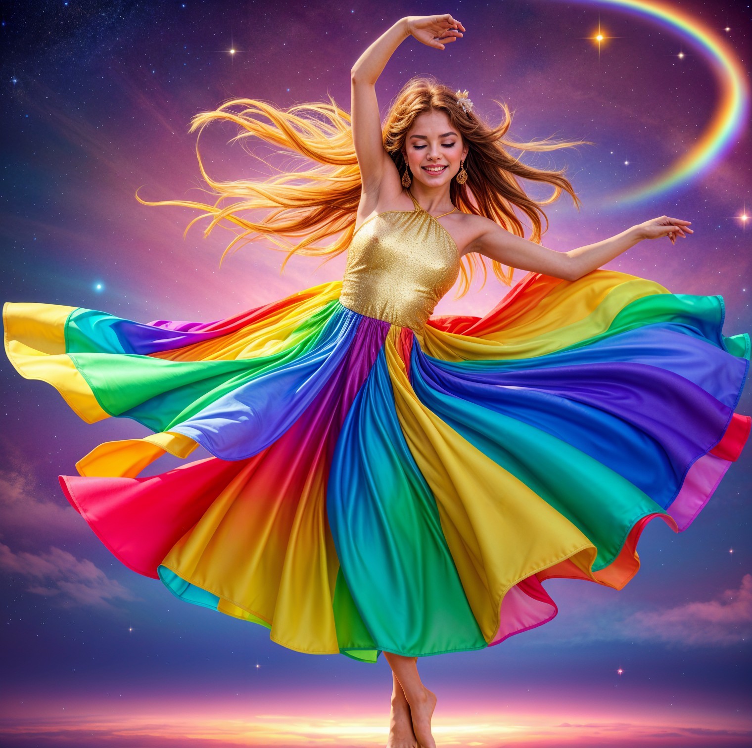 Joyful woman dancing in a colorful rainbow dress