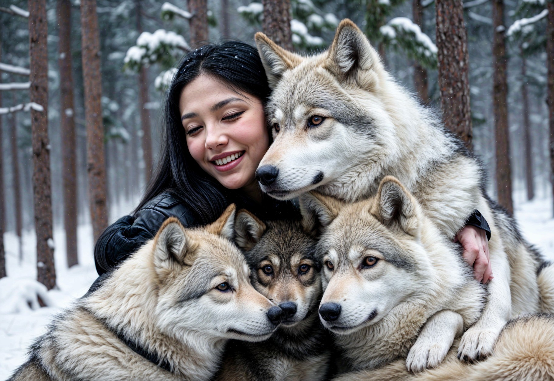 Woman Embracing Four Wolves in Snowy Forest