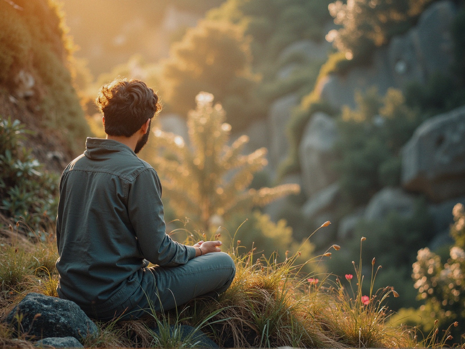 Man Meditating in Nature at Sunset on Grassy Hillside