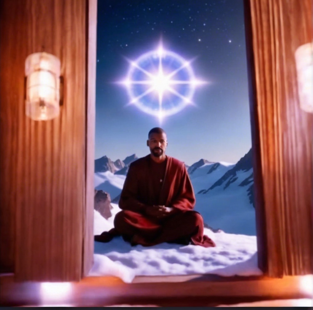 Serene figure in wooden structure amid snowy mountains