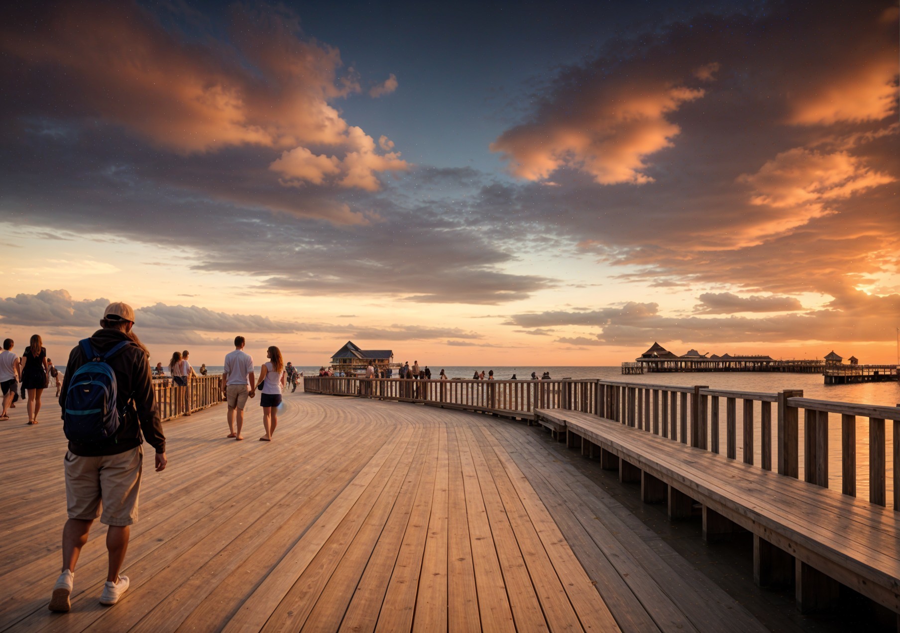 Wooden Boardwalk Along Shoreline at Sunset