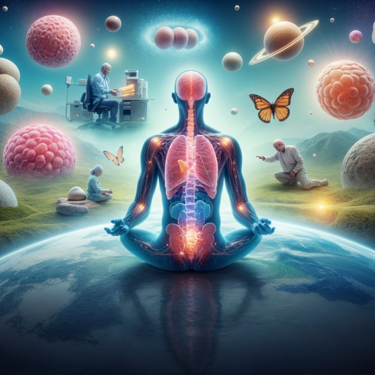 Surreal Landscape with Meditating Silhouette and Nature