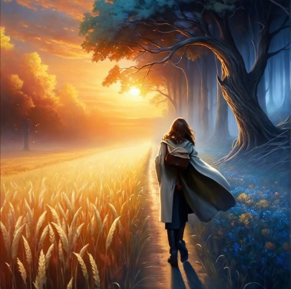 Solitary Figure on Winding Path in Golden Field