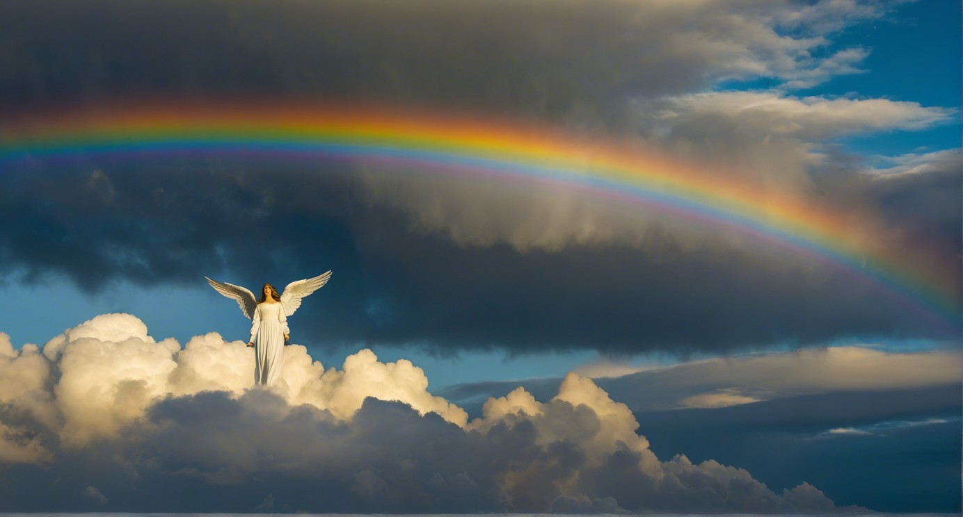 Radiant Angel on Clouds with Rainbow and Soft Light