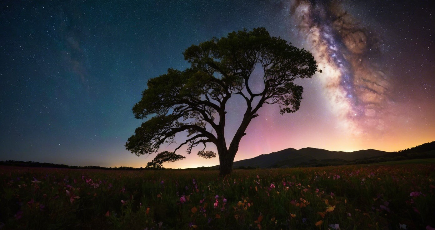 Solitary Tree Under Starry Sky with Wildflowers