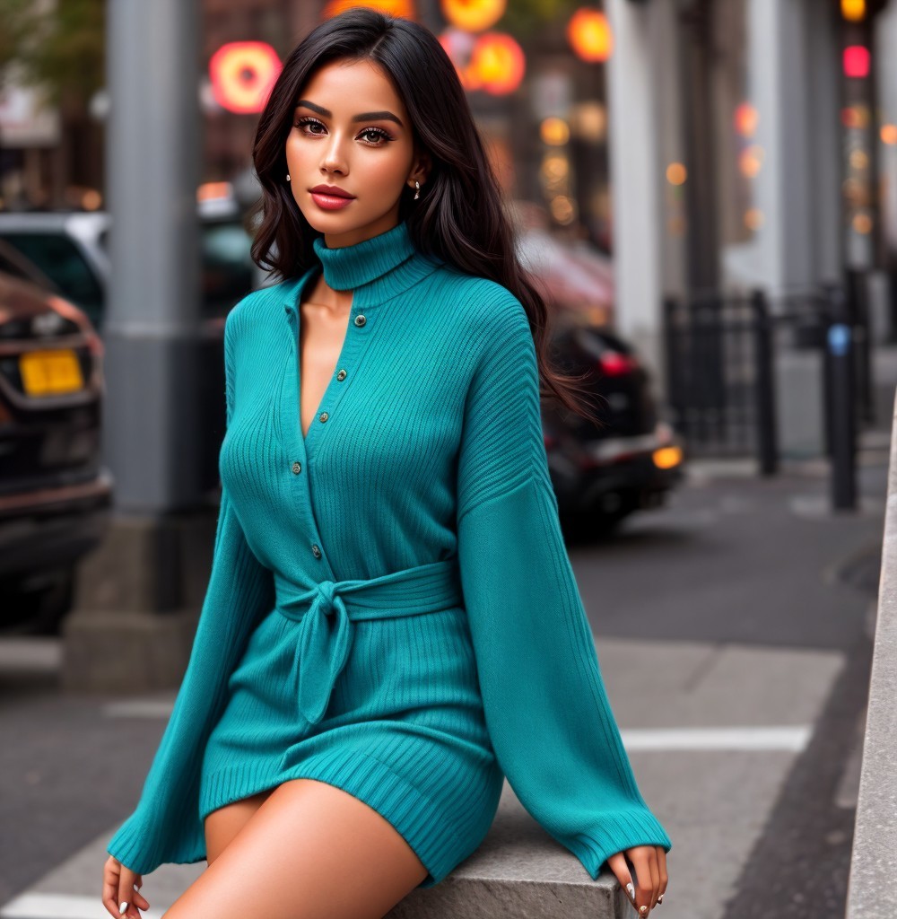 Elegant Woman in Teal Sweater Dress on City Street