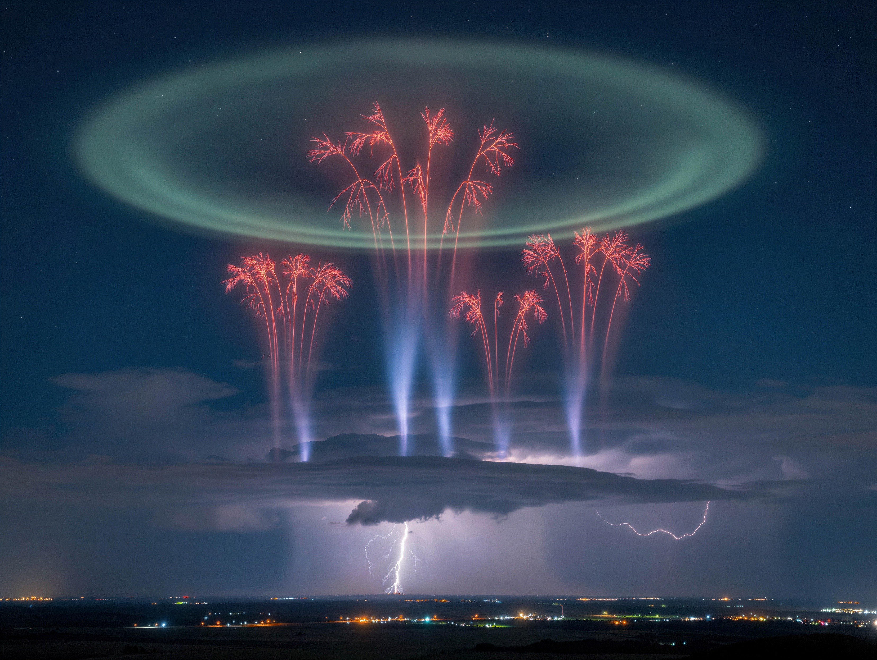 Dramatic Nighttime Scene with Aurora and Fireworks