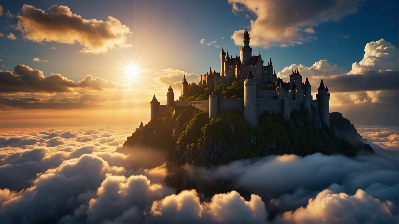Majestic castle on a rocky hill with dramatic clouds