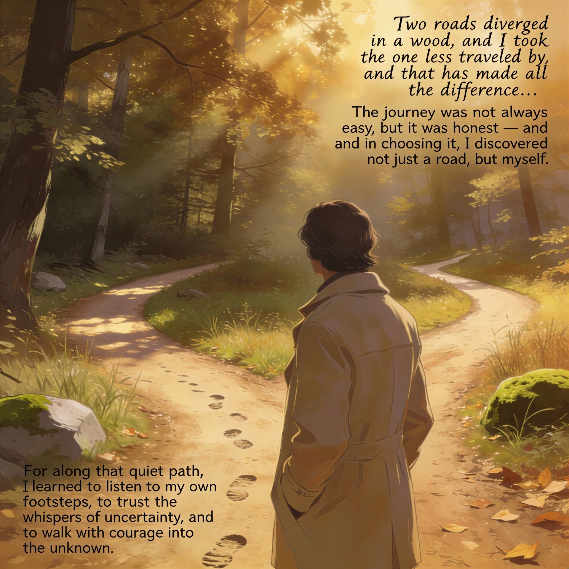 Autumn Scene at a Forest Path Fork with Sunlight