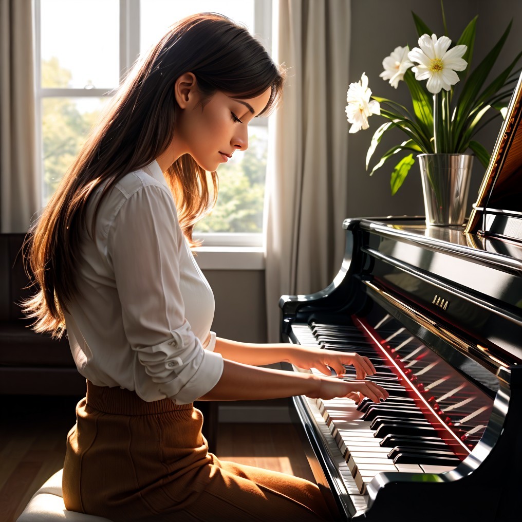 Young woman playing piano in a sunlit room