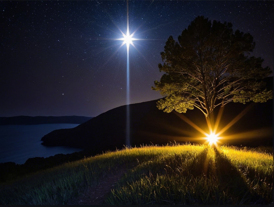 Serene Night Landscape with Illuminated Tree and Water