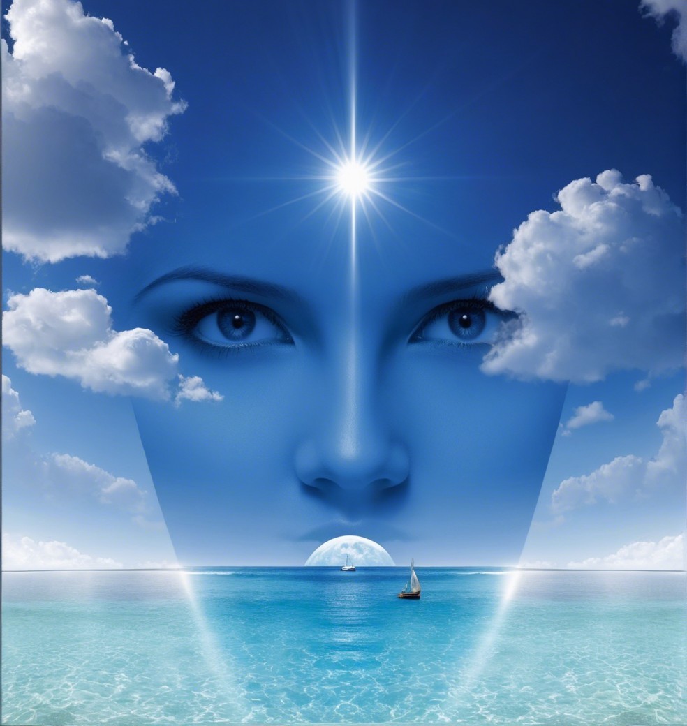 Surreal Landscape with Face in Sky and Ocean