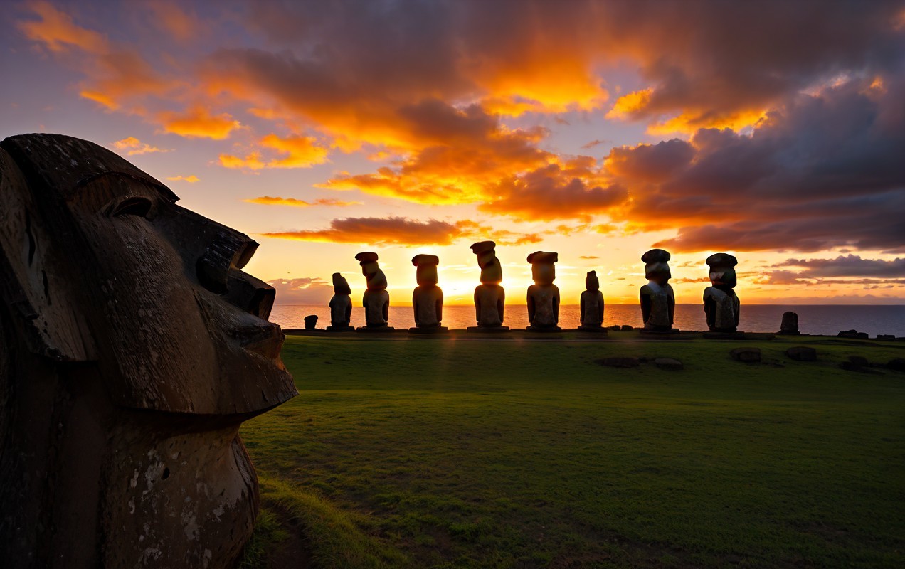 Moai Statues at Sunset on Easter Island Landscape