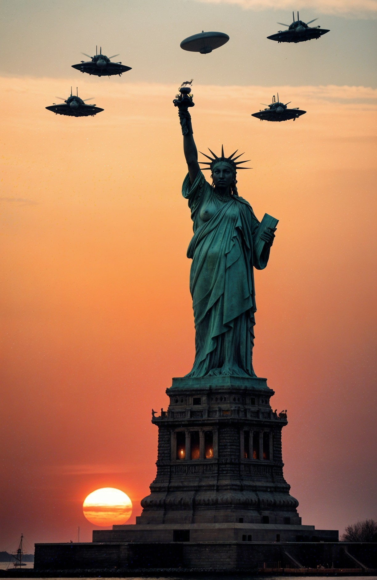 Statue of Liberty at Sunset with Flying Saucers