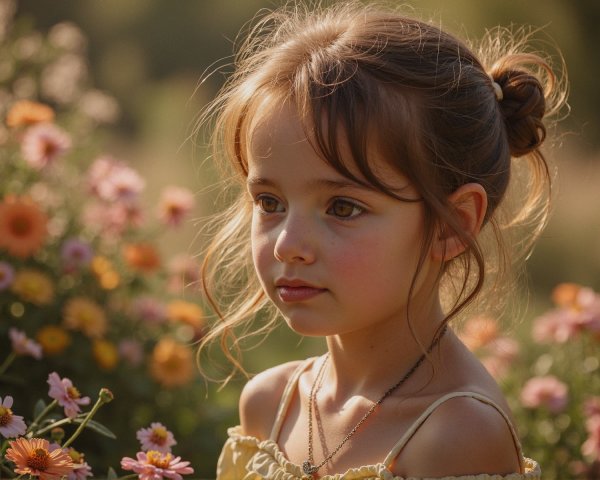 Young girl in a flower field with soft features