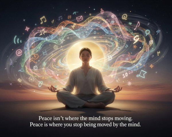 Meditative Figure Surrounded by Colorful Light Patterns