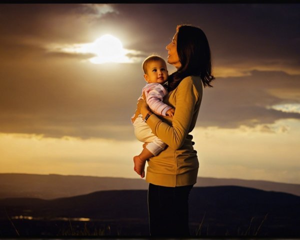 Mother and baby on hilltop at sunset with warm hues