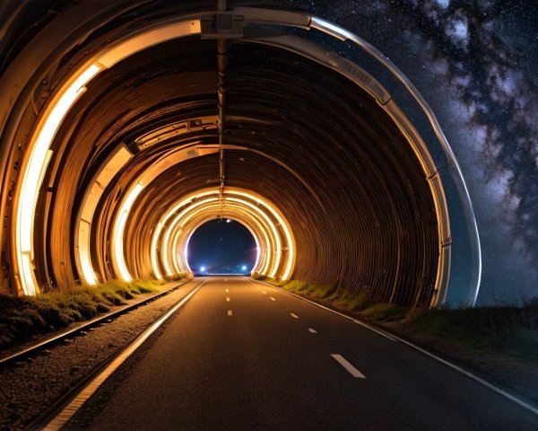 Futuristic Tunnel with Golden Lights and Starry Sky