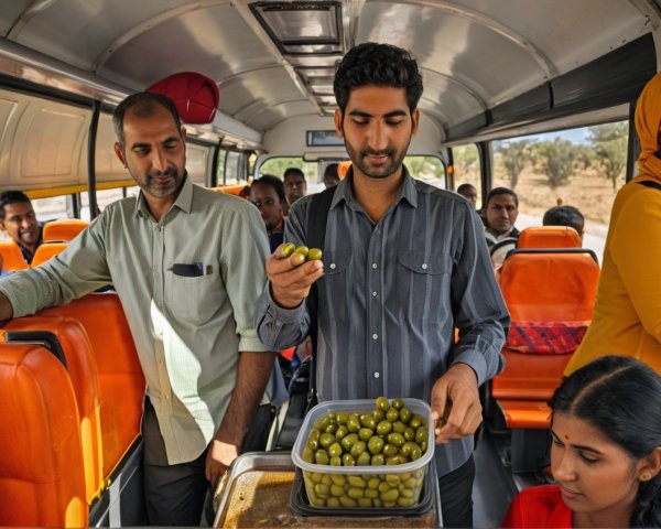 Young man shares green olives on a busy bus