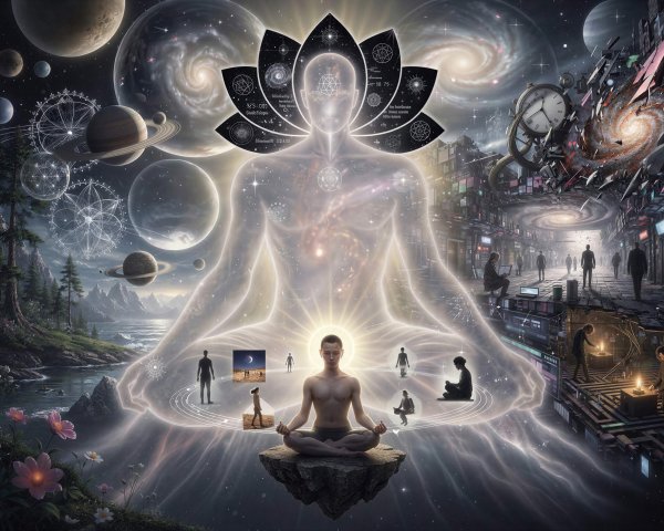 Cosmic Man Meditating with Ethereal Light and Landscape