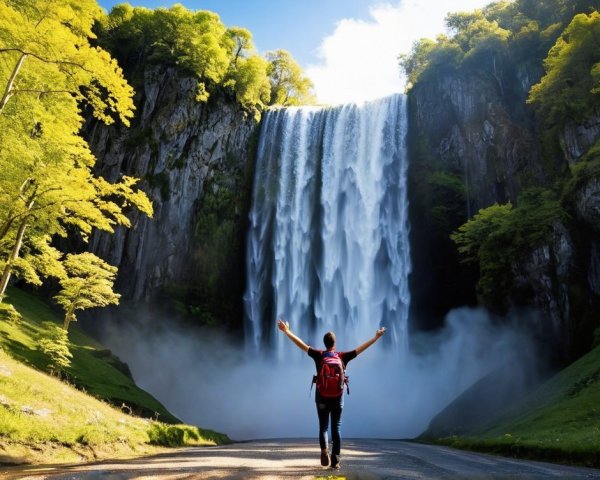 Person in awe before a majestic waterfall scene