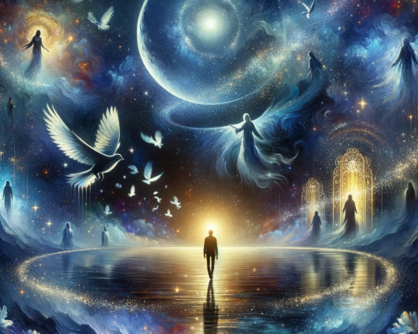 Surreal Fantasy Art of Spiritual Journey in Cosmic Sky