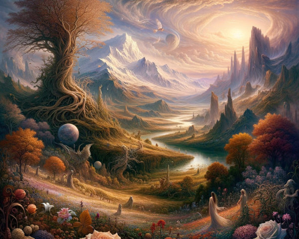 Detailed Fantasy Landscape with Large Tree and Mountains