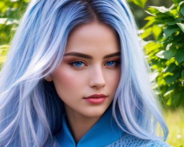 Young woman with blue hair in a green setting