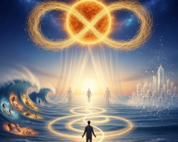 Man on beach gazing at water and celestial scene