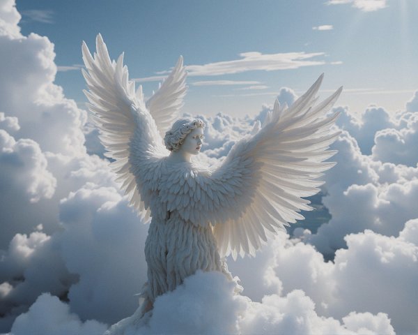 Majestic angel figure with detailed wings in clouds