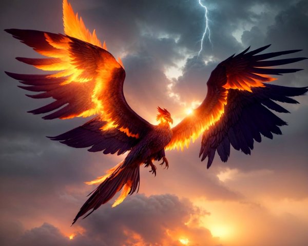 Phoenix in Stormy Sky with Fiery Feathers and Lightning