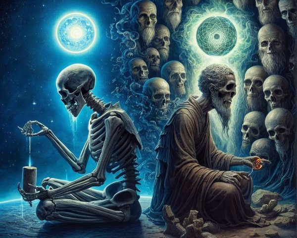 Contrast of Life and Death in Artwork with Skeletal Figure