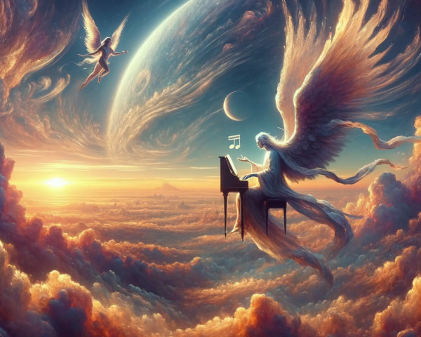 Angel Playing Piano in Celestial Landscape with Planets