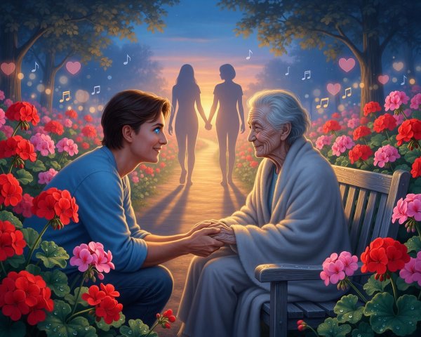 Digital painting of a young man and elderly woman in sunlight