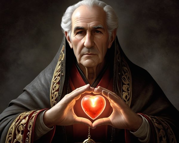 Elderly Man in Dark Robes Holding Heart-Shaped Gemstone