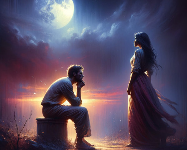 Dreamlike scene of a man and woman under a full moon