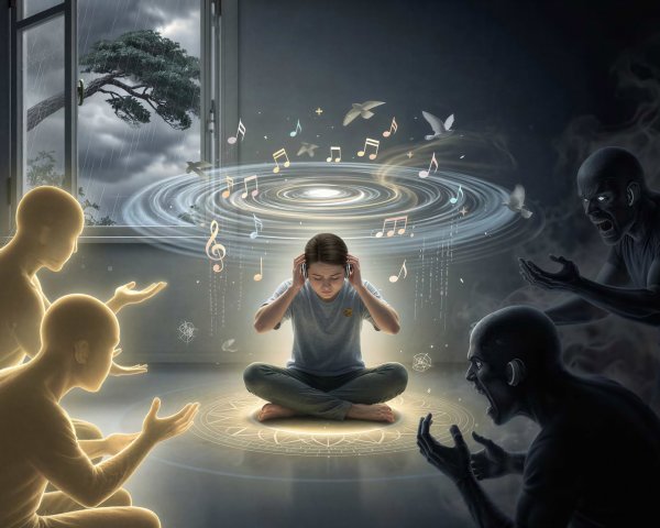Digital painting of meditation with contrasting figures