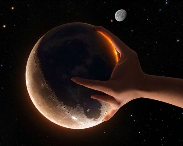 Hand Reaching for a Glowing Crescent Moon in Space