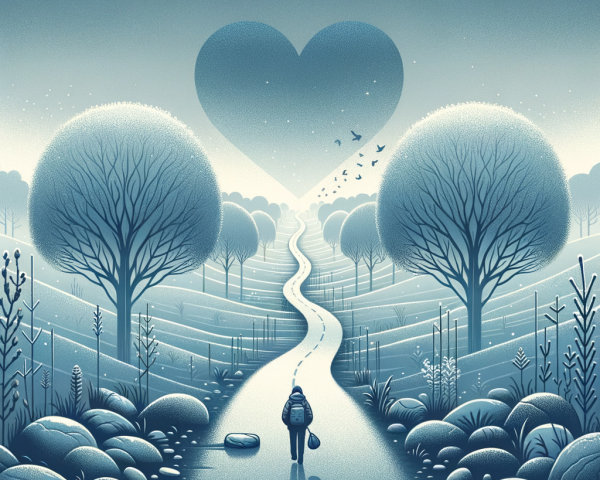 Serene Landscape with Solitary Figure and Heart Clouds